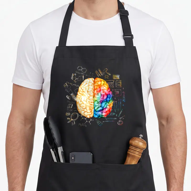 Colorful science apron - Split brain with chemistry formulas and art tools in watercolor style — shown on a black cotton canvas apron against a white background