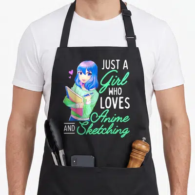 Sketching drawing anime apron - Blue hair anime girl holding sketchbook and pencil with white and green stacked text — shown on a black cotton canvas apron against a white background