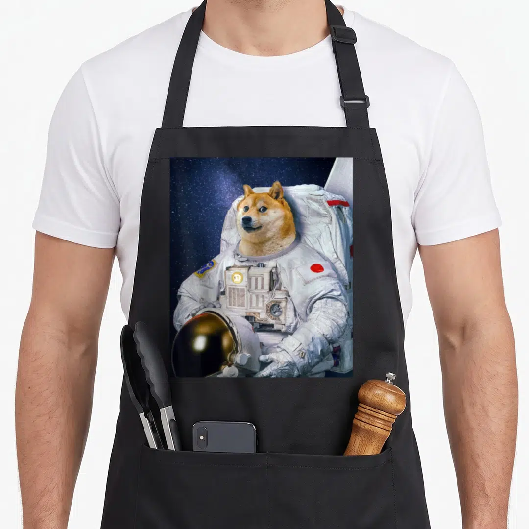 Shiba cosmonaut apron - Shiba Inu in white space suit holding gold helmet against starry blue background — shown on a black cotton canvas apron against a white background