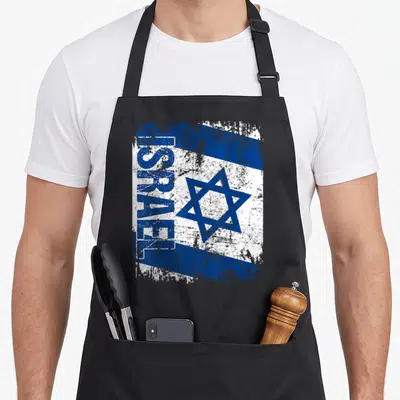 Israel distressed apron - Vertical ISRAEL text over a distressed blue and white flag of Israel graphic — shown on a black cotton canvas apron against a white background