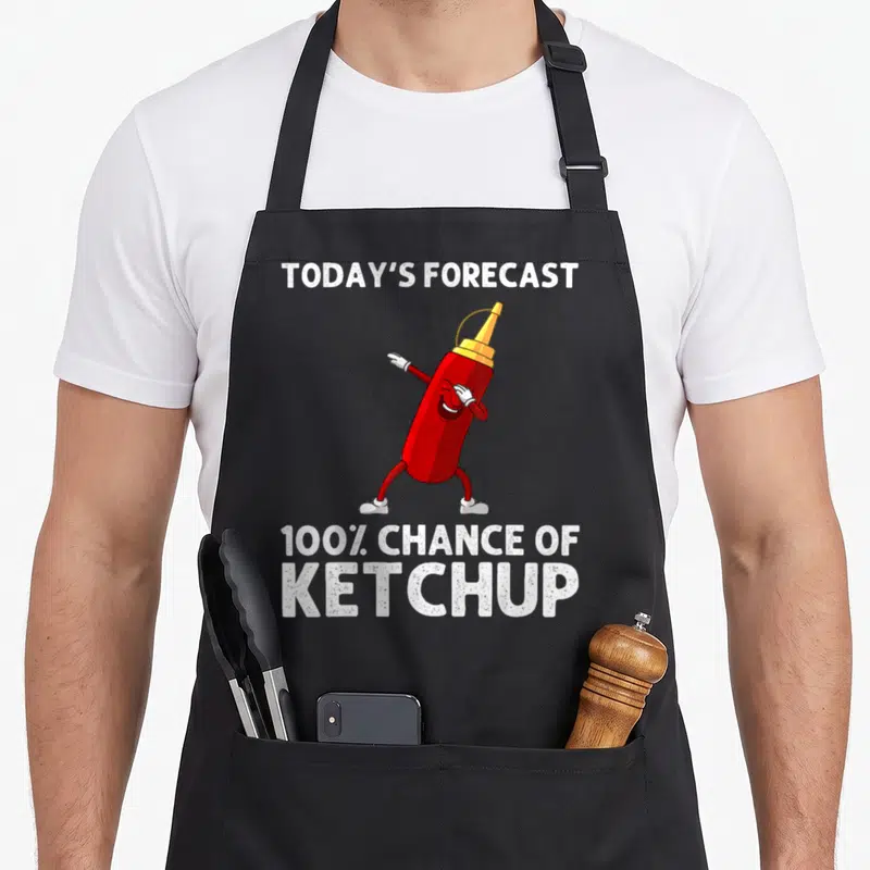 Merchandise cool ketchup apron - Cartoon red ketchup bottle dabbing between TODAY'S FORECAST and 100% CHANCE OF KETCHUP — shown on a black cotton canvas apron against a white background