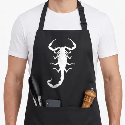 Retro scorpion apron - Distressed white scorpion silhouette centered on dark grey background — shown on a black cotton canvas apron against a white background