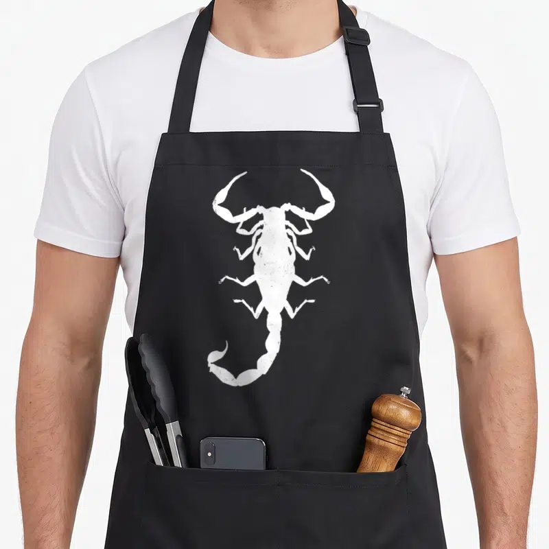Retro scorpion apron - Distressed white scorpion silhouette centered on dark grey background — shown on a black cotton canvas apron against a white background