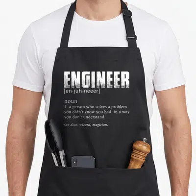 Definition engineer apron - White dictionary definition text for ENGINEER on black background — shown on a black cotton canvas apron against a white background