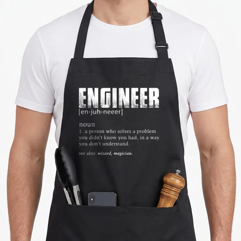 Definition engineer apron - White dictionary definition text for ENGINEER on black background — shown on a black cotton canvas apron against a white background