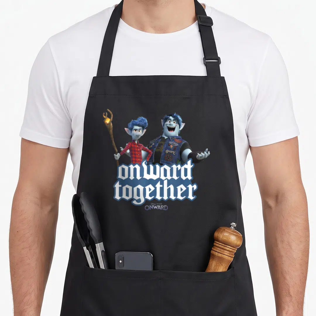 Barley novelty apron - Two blue elves standing behind white text reading onward together — shown on a black cotton canvas apron against a white background