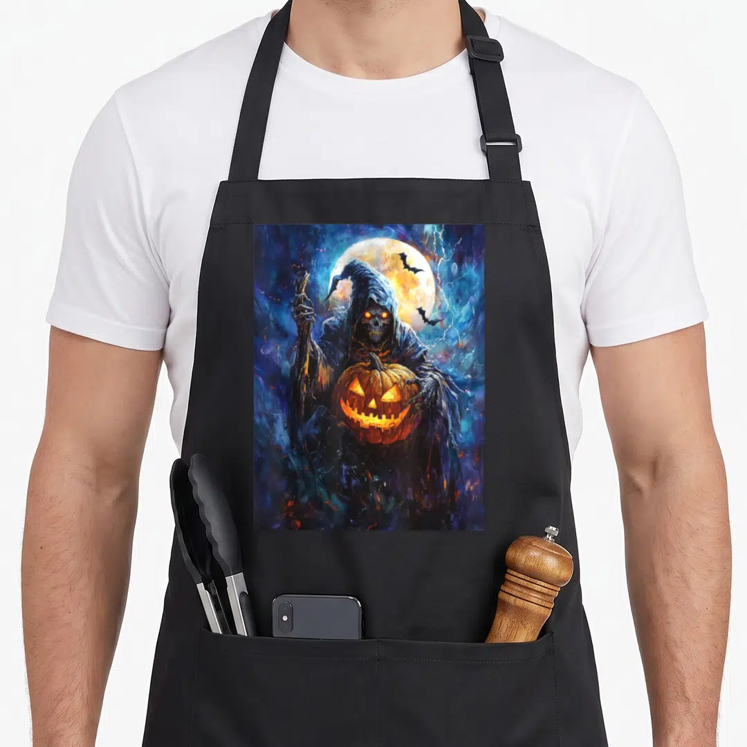 Scary grim halloween apron - Realistic Grim Reaper holding glowing pumpkin under full moon with bats and lightning — shown on a black cotton canvas apron against a white background