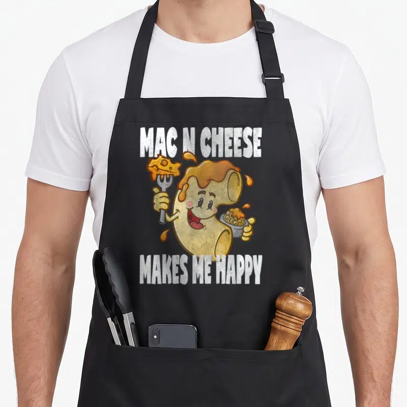 Cute cheese mac apron - Cartoon macaroni holding fork and bowl with text MAC N CHEESE MAKES ME HAPPY — shown on a black cotton canvas apron against a white background