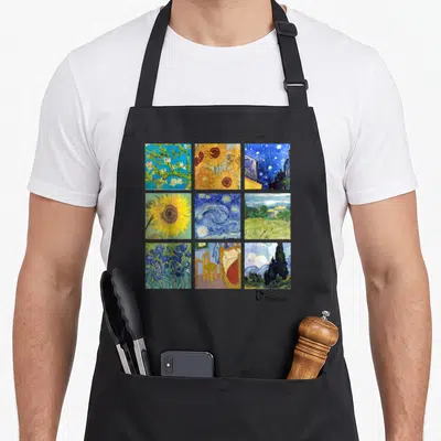 Van sunflower apron - Nine square paintings in yellow blue green grid with Vincent script signature below — shown on a black cotton canvas apron against a white background