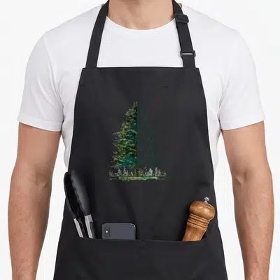 Lose find aprons - Green watercolor pine tree next to stacked text reading And Into The Forest I Go To Lose My Mind — shown on a black cotton canvas apron against a white background