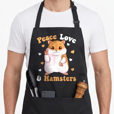 Peace lover hamster apron - Cartoon hamster with peace sign and hearts surrounded by orange and white text — shown on a black cotton canvas apron against a white background