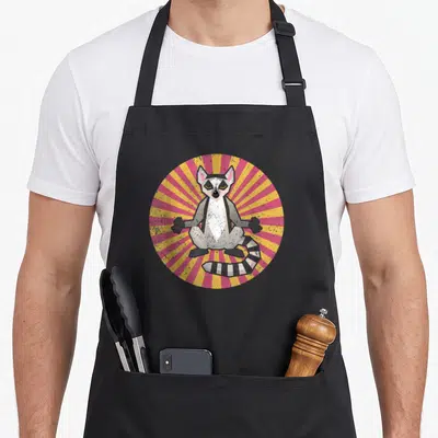 Funny lemur lover apron - Geometric lemur sitting in front of a pink and yellow sunburst circle — shown on a black cotton canvas apron against a white background