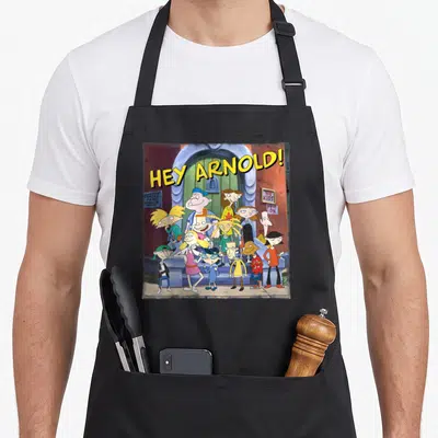 Hey friends cooking apron - Hey Arnold! cartoon characters at Sunset Arms Boarding House with signs — shown on a black cotton canvas apron against a white background