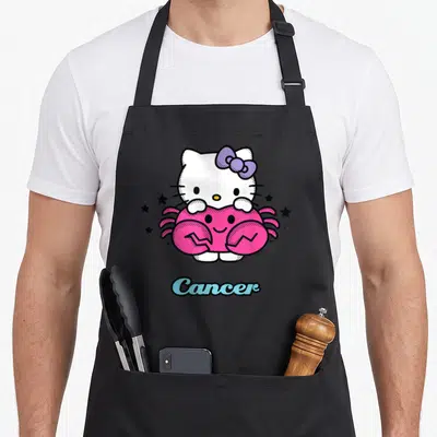 Cancer zodiac aprons - Hello Kitty holding pink crab with Cancer text and six black stars — shown on a black cotton canvas apron against a white background