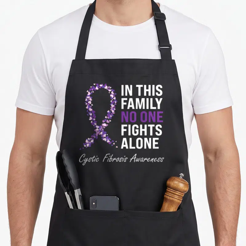 Cystic fibrosis ribbon apron - Purple and white heart ribbon with IN THIS FAMILY NO ONE FIGHTS ALONE text — shown on a black cotton canvas apron against a white background