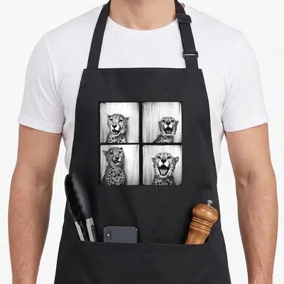 African quirky apron - Four black and white cheetah photos in a 2x2 grid behind a curtain — shown on a black cotton canvas apron against a white background
