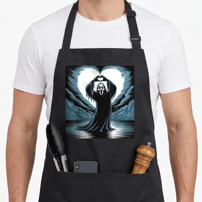 Ghost scary halloween apron - Black ghost figure forming a heart shape with hands above water surrounded by blue-grey — shown on a black cotton canvas apron against a white background
