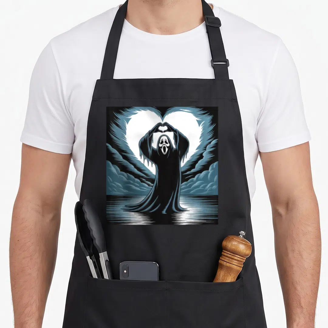 Ghost scary halloween apron - Black ghost figure forming a heart shape with hands above water surrounded by blue-grey — shown on a black cotton canvas apron against a white background