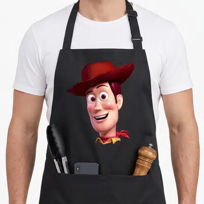 Woody face camping apron - Centered Woody head wearing red hat and bandana in brown and peach tones — shown on a black cotton canvas apron against a white background