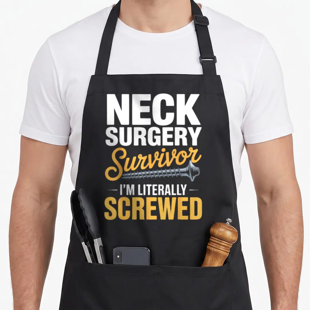 Surgery funny survivor apron - Stacked text NECK SURGERY Survivor with horizontal blue-grey screw and yellow SCREWED — shown on a black cotton canvas apron against a white background