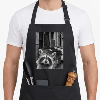 Selfie raccoon funny apron - Black and white photo of a raccoon making a peace sign in front of a brick building — shown on a black cotton canvas apron against a white background