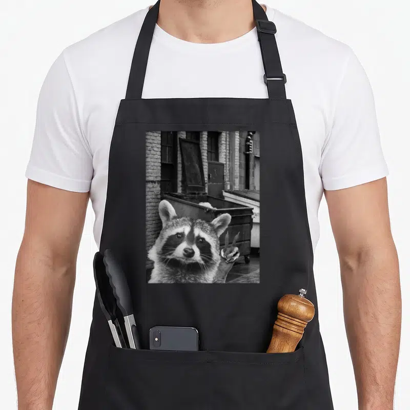 Selfie raccoon funny apron - Black and white photo of a raccoon making a peace sign in front of a brick building — shown on a black cotton canvas apron against a white background