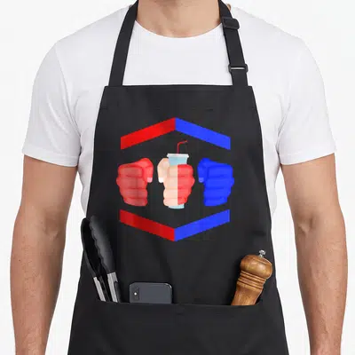 Gamebred soda apron - Three fists in red blue white cartoon style with center fist holding a drink cup — shown on a black cotton canvas apron against a white background