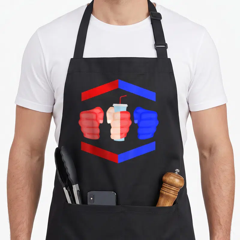 Gamebred soda apron - Three fists in red blue white cartoon style with center fist holding a drink cup — shown on a black cotton canvas apron against a white background