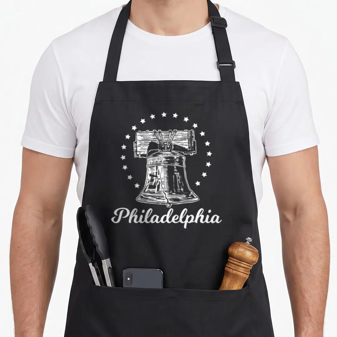 Philadelphia liberty apron - White line art Liberty Bell surrounded by stars with Philadelphia script text below — shown on a black cotton canvas apron against a white background