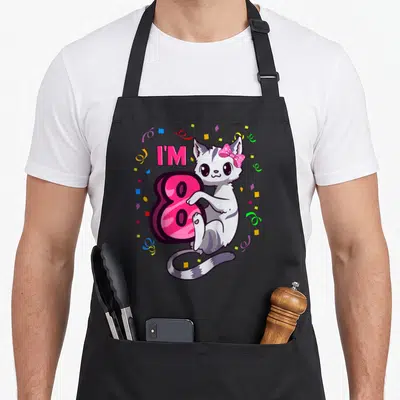 8th kitty cat apron - Cartoon cat leaning on pink number 8 with confetti and I'M text — shown on a black cotton canvas apron against a white background