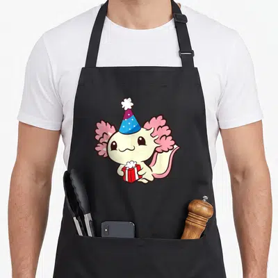 Funny axolotl birthday apron - Cartoon cream axolotl with pink gills wearing blue hat holding red gift box — shown on a black cotton canvas apron against a white background