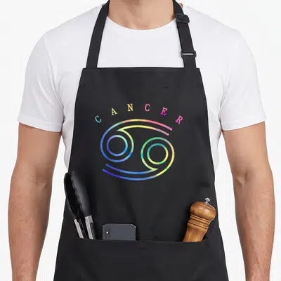 Cancer astrology zodiac aprons - Arched CANCER text over rainbow gradient zodiac symbol in blue, green, yellow, and pink — shown on a black cotton canvas apron against a white background