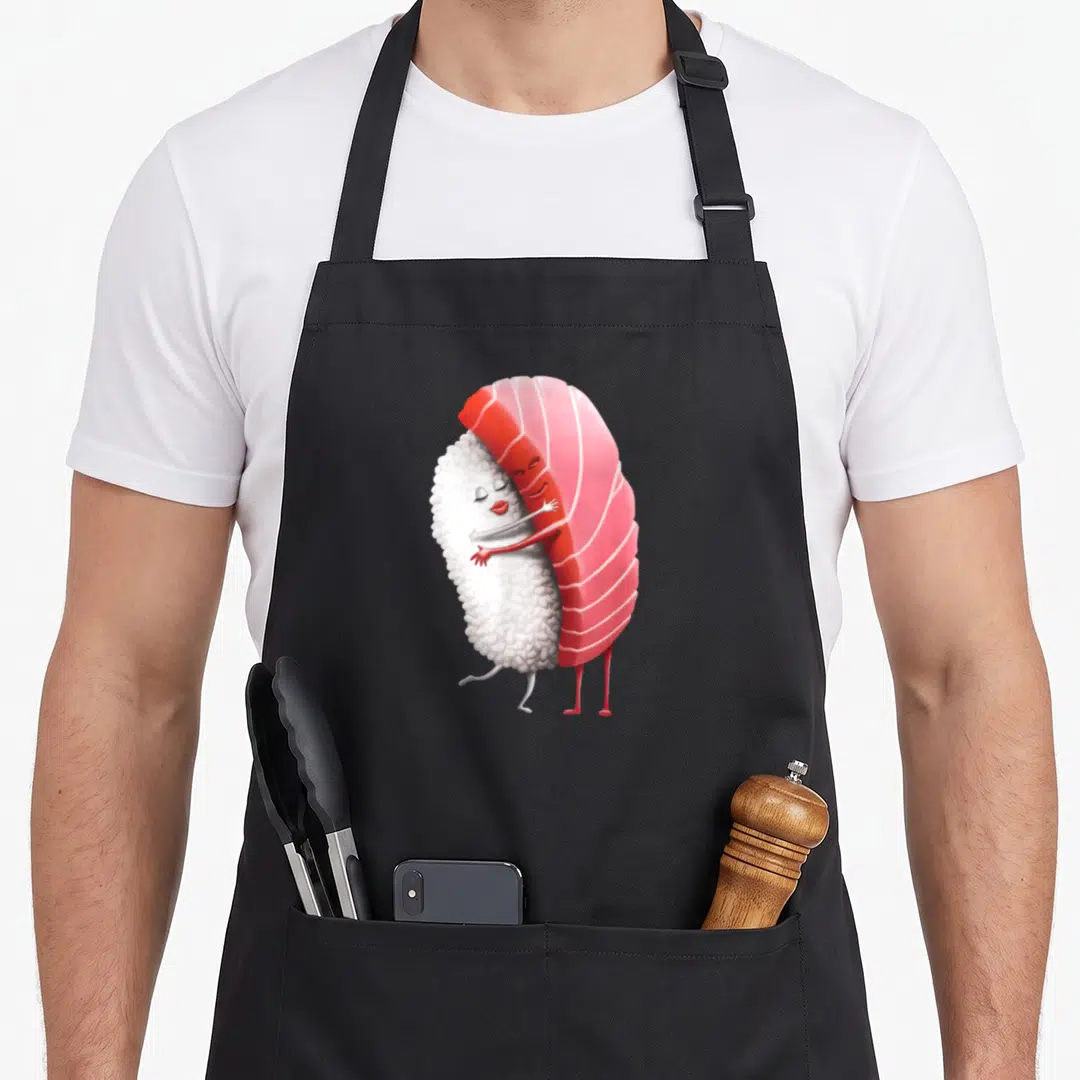 Tuna sushi apron - Cartoon red tuna and white rice character hugging with closed eyes — shown on a black cotton canvas apron against a white background