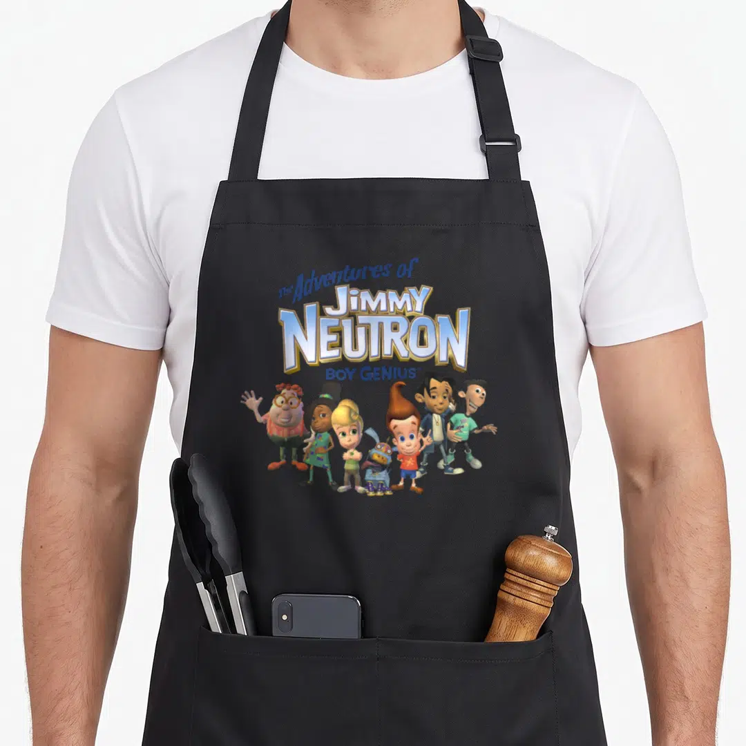 Jimmy genius apron - Stacked blue title text reading The Adventures of Jimmy Neutron Boy Genius above six cartoon — shown on a black cotton canvas apron against a white background
