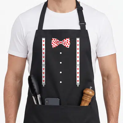 Suspender bow apron - White bow tie with red hearts and matching suspenders with four grey buttons — shown on a black cotton canvas apron against a white background