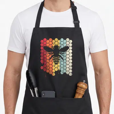 Cute bee apron - Grey bee silhouette over red orange yellow light blue grey honeycomb pattern — shown on a black cotton canvas apron against a white background