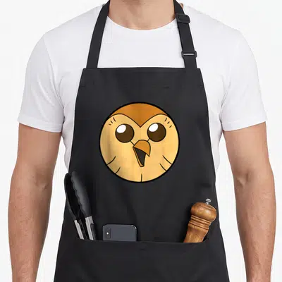 Hooty owl apron - Circular cartoon owl head in yellow brown and black with open beak — shown on a black cotton canvas apron against a white background