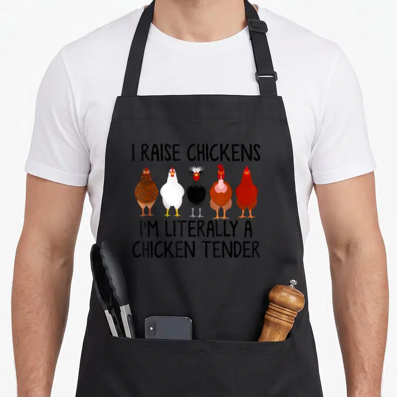 Breed chicken apron - Five cartoon chickens in grey brown white black orange red with text I raise chickens I'm — shown on a black cotton canvas apron against a white background