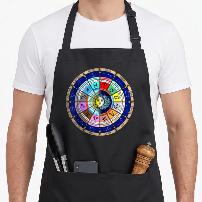 Star zodiac aprons - Circular zodiac wheel with sun moon face, 12 sign names, dates, and elements in gold blue red — shown on a black cotton canvas apron against a white background