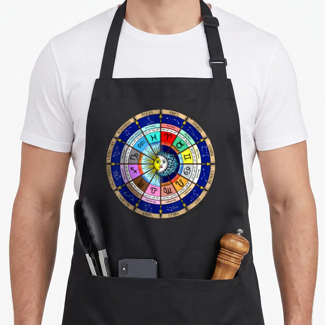 Star zodiac aprons - Circular zodiac wheel with sun moon face, 12 sign names, dates, and elements in gold blue red — shown on a black cotton canvas apron against a white background