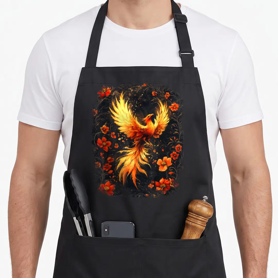 Gothic the floral apron - Realistic phoenix surrounded by red flowers and golden vines on dark background — shown on a black cotton canvas apron against a white background