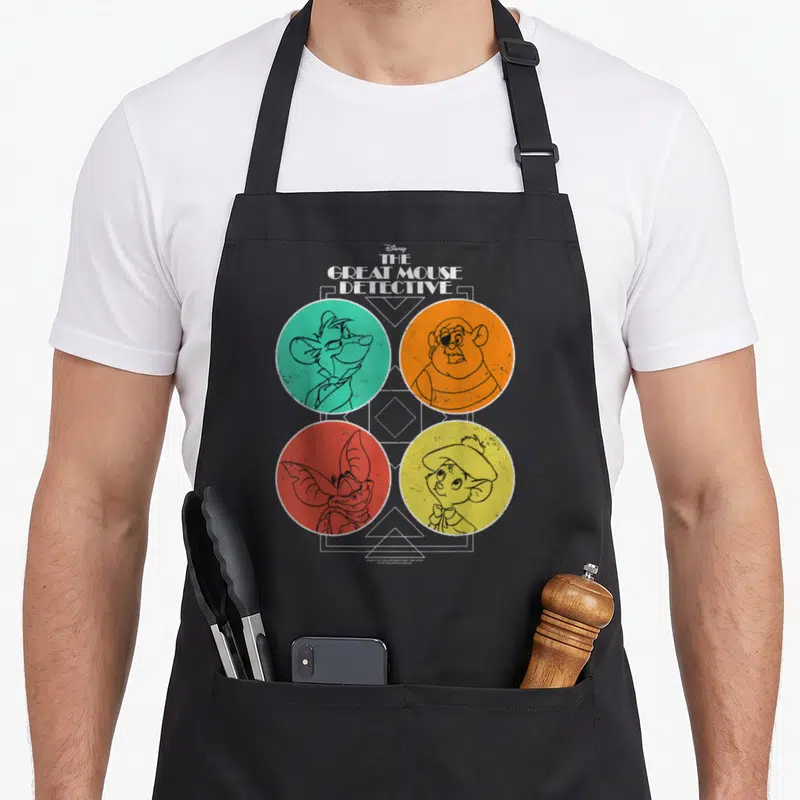 Detective mouse lover apron - Four mice in teal orange red and yellow circles under white title text with geometric — shown on a black cotton canvas apron against a white background