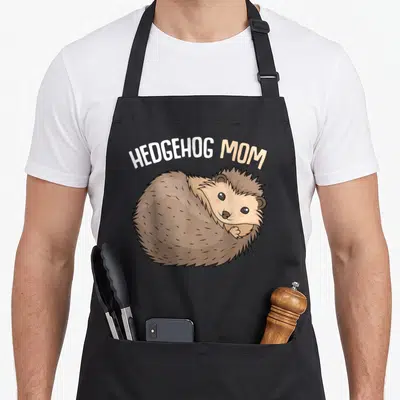Cute funny hedgehog apron - Arched HEDGEHOG MOM text above a curled brown cartoon hedgehog — shown on a black cotton canvas apron against a white background