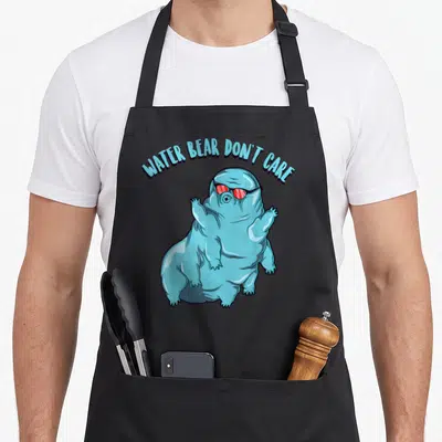 Water bear apron - Cartoon blue tardigrade with red sunglasses under arched text WATER BEAR DON'T CARE — shown on a black cotton canvas apron against a white background