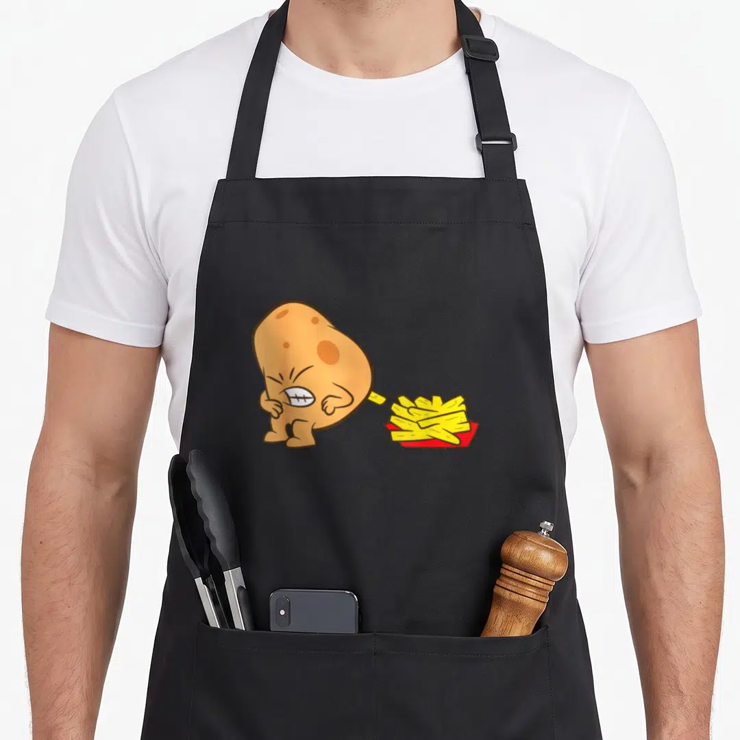 Potato fry french apron - Cartoon tan potato straining to produce yellow fries in red container — shown on a black cotton canvas apron against a white background