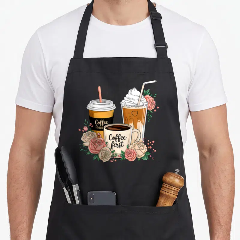 Cup floral apron - Three coffee cups with roses and text Coffee Please Coffee first — shown on a black cotton canvas apron against a white background