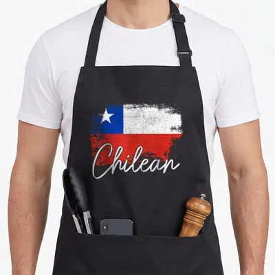 Chile flag pride apron - Distressed Chilean flag with white script text in red white and blue — shown on a black cotton canvas apron against a white background