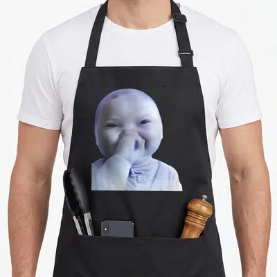 Laughing meme apron - Centered baby photo in blue and white tones covering front panel — shown on a black cotton canvas apron against a white background