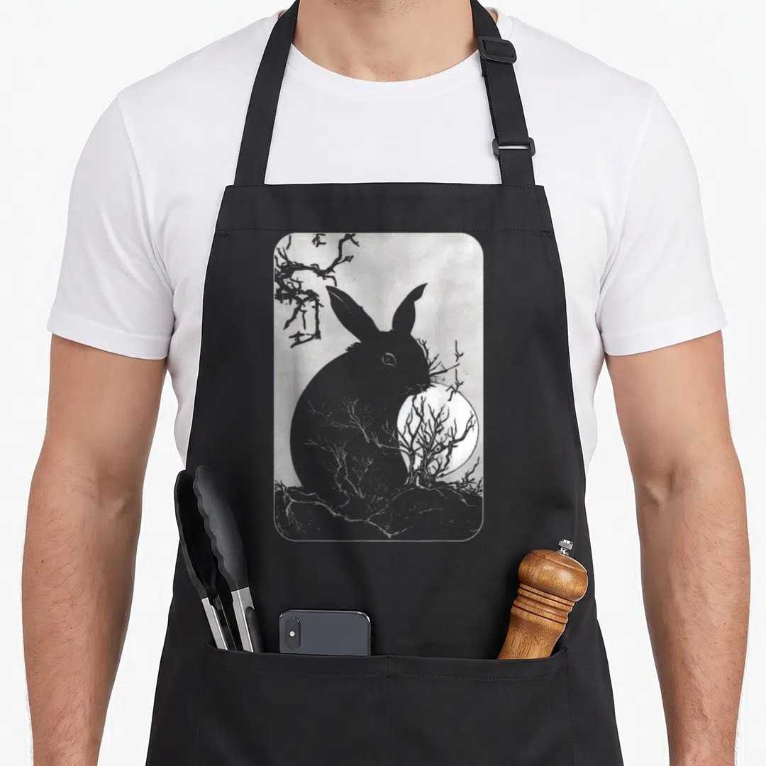 Moon rabbit apron - Grey rabbit silhouette overlapping white moon surrounded by grey branches in rounded frame — shown on a black cotton canvas apron against a white background