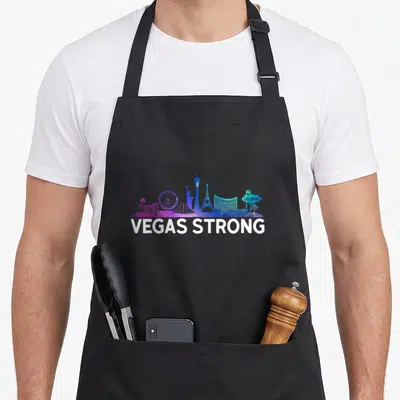 Las strong woman apron - Colorful skyline silhouette above white VEGAS STRONG text on purple blue and cyan background — shown on a black cotton canvas apron against a white background